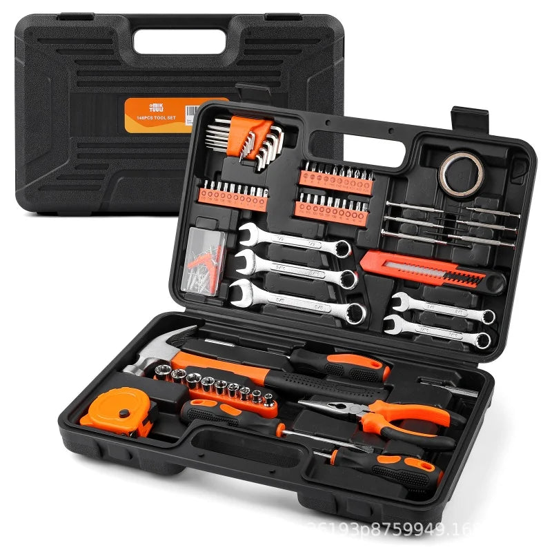 148 pcs household hardware and hand tools set, new measuring tape, sheep horn hammer, wrench set, toolbox