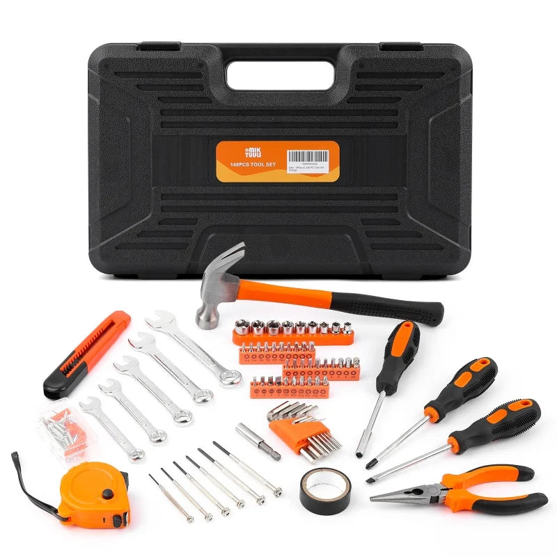 148 pcs household hardware and hand tools set, new measuring tape, sheep horn hammer, wrench set, toolbox